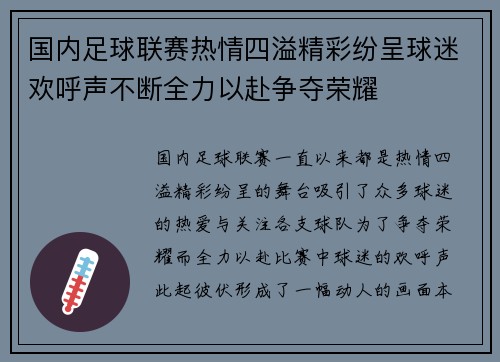 国内足球联赛热情四溢精彩纷呈球迷欢呼声不断全力以赴争夺荣耀