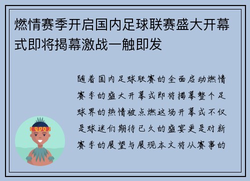 燃情赛季开启国内足球联赛盛大开幕式即将揭幕激战一触即发