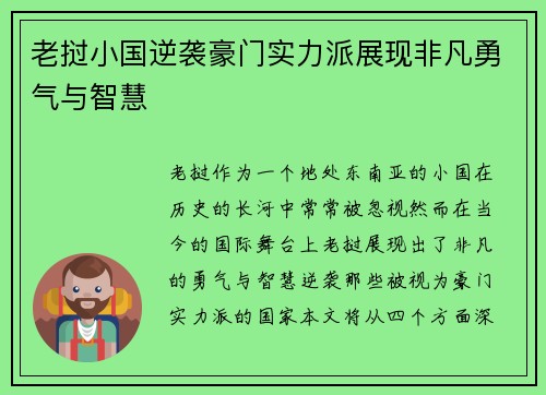 老挝小国逆袭豪门实力派展现非凡勇气与智慧