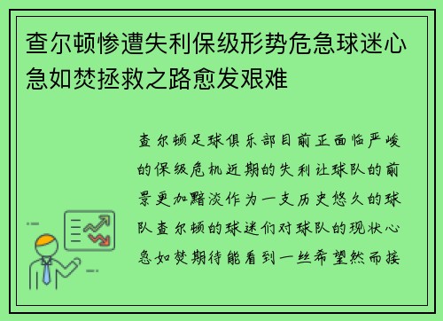 查尔顿惨遭失利保级形势危急球迷心急如焚拯救之路愈发艰难