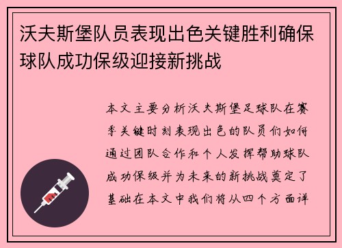 沃夫斯堡队员表现出色关键胜利确保球队成功保级迎接新挑战