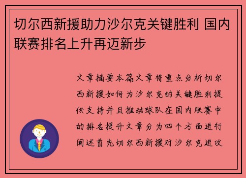 切尔西新援助力沙尔克关键胜利 国内联赛排名上升再迈新步