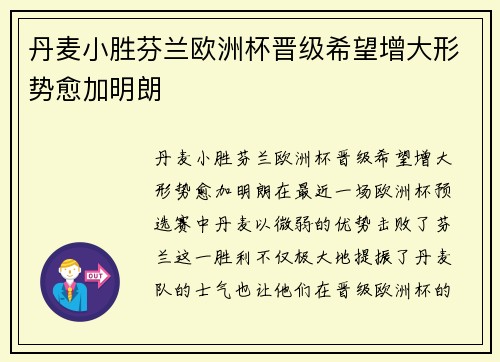 丹麦小胜芬兰欧洲杯晋级希望增大形势愈加明朗