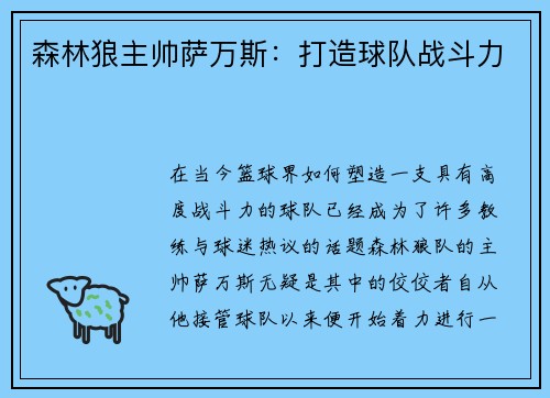 森林狼主帅萨万斯：打造球队战斗力